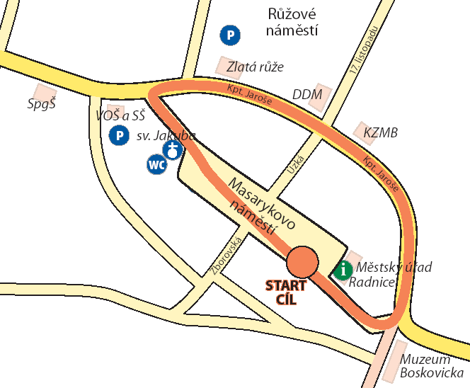 Mapa tratě Z místa označeného č. 2 startují běžci kategorie přípravka hoši a dívky I. (6-7 let), poběží 150m. Z místa označeného č. 3 startují běžci kategorie přípravka hoši a dívky II.