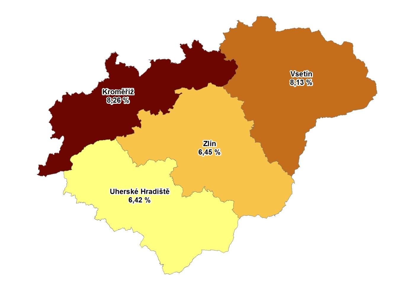 2014 Zlínský kraj 7,18 Česká republika 7,44 Kroměříž 8,26 Uherské Hradiště 6,42