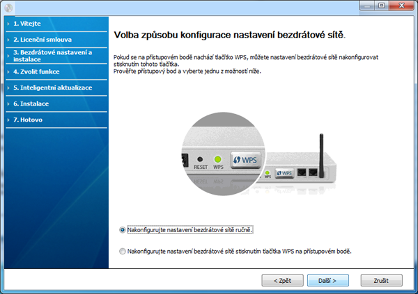 7 V okně se způsoby nastavení bezdrátové sítě vyberte požadovaný způsob. Pokud již bylo provedeno nastavení bezdrátové sítě, objeví se okno Informace o nastavení bezdrátové sítě.