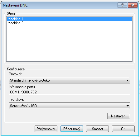 122 Nastavení DNC 5 Nastavení DNC Pokud chcete konfigurovat nastavení komunikace mezi PC a vybraným strojem, můžete to udělat dvěma způsoby: Můžete zvolit Nastavení DNC z nabídky Přenos, vybrat