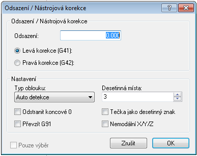 34 Záložky programu Dialog Odsazení/Nástrojová korekce. Odsazení Do tohoto pole zadejte velikost odsazení. Levá korekce (G41) Zapne kompenzaci frézovací dráhy s odsazením vlevo (G41).