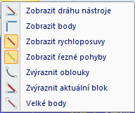 Záložky programu 53 Zobrazit ovládání simulace Použijte tuto volbu pro zobrazení/skrytí ovládání vykreslování. 3.3.3 Dráhy nástroje Tato kapitola popisuje funkce Dráhy nástroje v nabídce Vykreslení drah nástrojů.