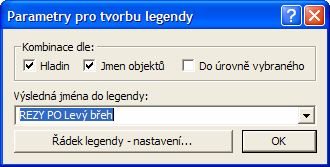 Vlastnosti řádku legendy V horní části dialogu se určí kombinace, dle které se on-line generují názvy řádků legendy ve spodní části dialogu, tj. výsledná jména do legendy.