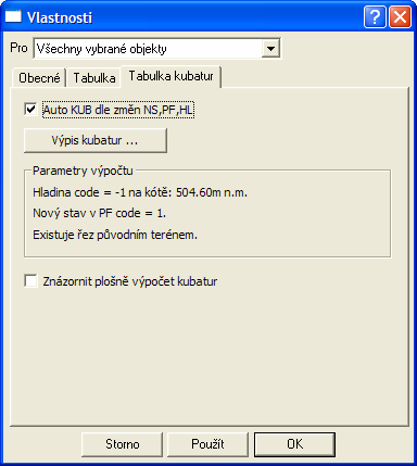 Vlastnosti tabulky kubatur V tomto dialogu lze nastavit volbu Auto KUB dle změn NS,PF,HL, která, pokud je zaškrtnutá způsobí automatický přepočet hodnot v tabulce kubatur při pohybu (změně geometrie)