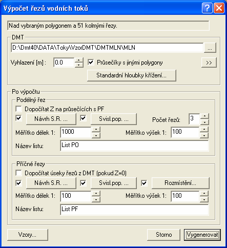 Uvedený Dialog výpočet řezů vodních toků popsán na straně 29 má shodné nastavení jako při importu ze souboru PLG. Po této volbě se vygenerují sestavy podélných a příčných řezů na samostatných listech.