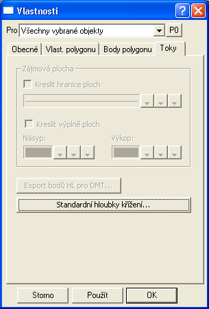 Dialogy grafických objektů Vlastnosti podélného polygonu toků Záložka Toky v tomto dilaogu je připravena na nastavení vlastností tzv. zájmové plochy.