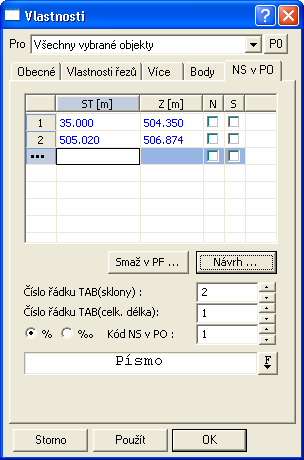 Návrh NS v podélném řezu Tlačítko Návrh... slouží k vyvolání dialogu Návrh NS v podélném řezu viz. strana 71, pomocí kterého lze dávkově vložit dvojice hodnot staničení a výšek do dialogu vlastností.