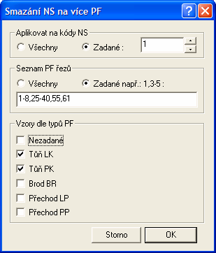 Smazání NS v podélném řezu Dialog slouží k smazání NS v příčných řezech, které splní všechny kritéria zadaná v tomto dialogu.