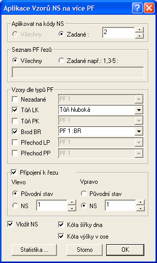 Zaškrtnutím volby Vložit NS se testují všechny řezy PF na listu na zadaný kód NS. Pokud v PF existuje NS se zadaným kódem je upraven dle vzoru.