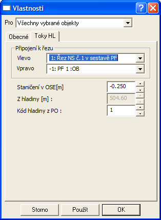 Výsledný počet vložených, resp. smazaných HL v PF se vypisuje na spodní rám Listu PF. Vlastnosti HL v příčném řezu V dialogu lze nastavit vazbu na některou z HL v podélném řezu přes kód hladiny z PO.