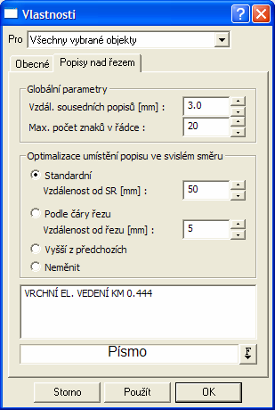 Dialog se dělí na několik částí. V první se nastavují globální parametry platné pro všechny popisy. Druhá část obsahuje individuální nastavení popisů.