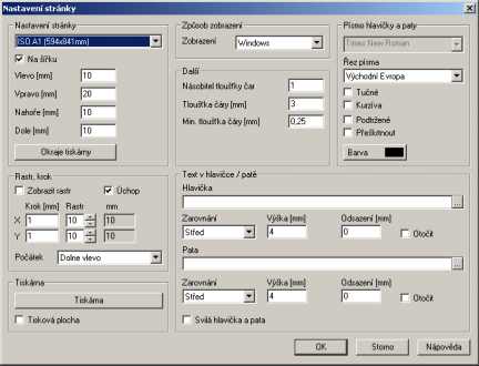 Nastavení stránky V tomto dialogu můžete nastavit základní vlastnosti výkresu pro tisk: 1. Nastavení stránky Zde máte možnost nastavit formát výkresu a okraje pro tiskárnu. 2.