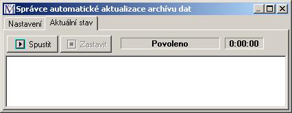 Okno správce se otevírá v hlavním menu Zobrazit/Správce automatické aktualizace dat. Okno obsahuje dvě záložky: Nastavení a Aktuální stav.