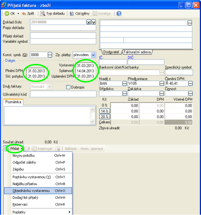 Zeleně načetla se V{m karta PŘIJAT[ FAKTURA ZBOŽÍ.