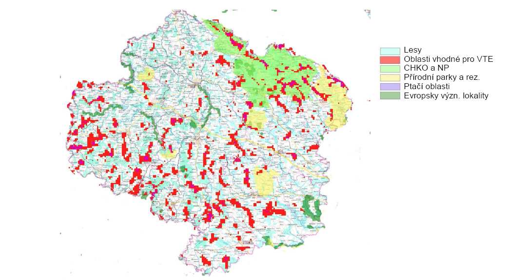 Obr. 3 - Omezující faktory pro plánování výstavby větrných elektráren v kraji Vysočina S přihlédnutím k výše uvedeným faktům lze konstatovat, že poplašné vize o větrnících na každém kopci se u nás