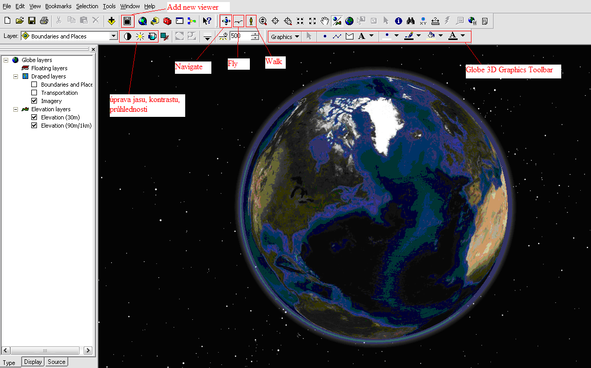 Obr. 4: Prostředí aplikace ArcGlobe Tab 1.