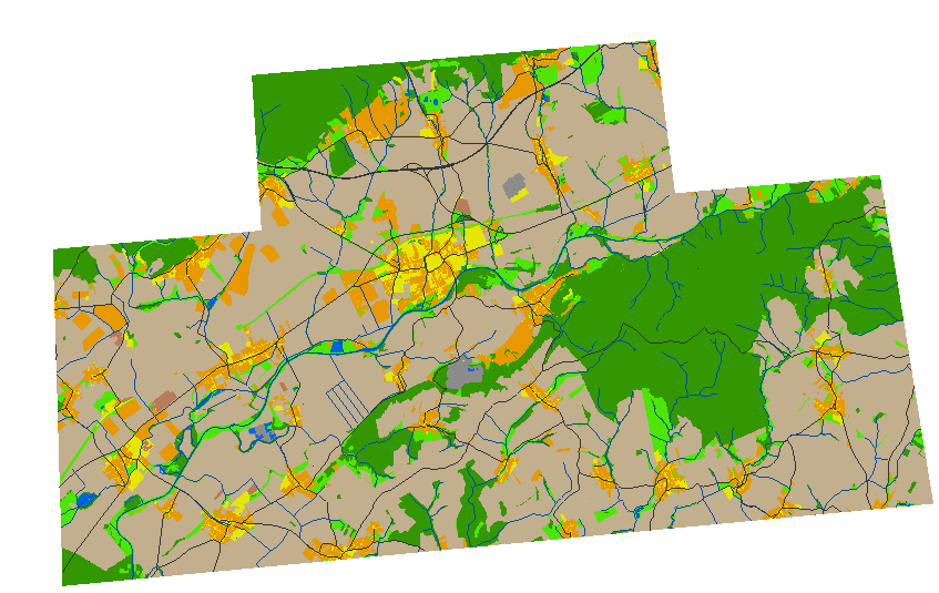 Obr. 14: Vyuţití půdy ve vymezeném území (obrázek je bez popisků, aplikace Google Earth popisky uţ obsahuje) silnice zástavba dálnice chmelnice, zahrady, sady, parky lesní půda