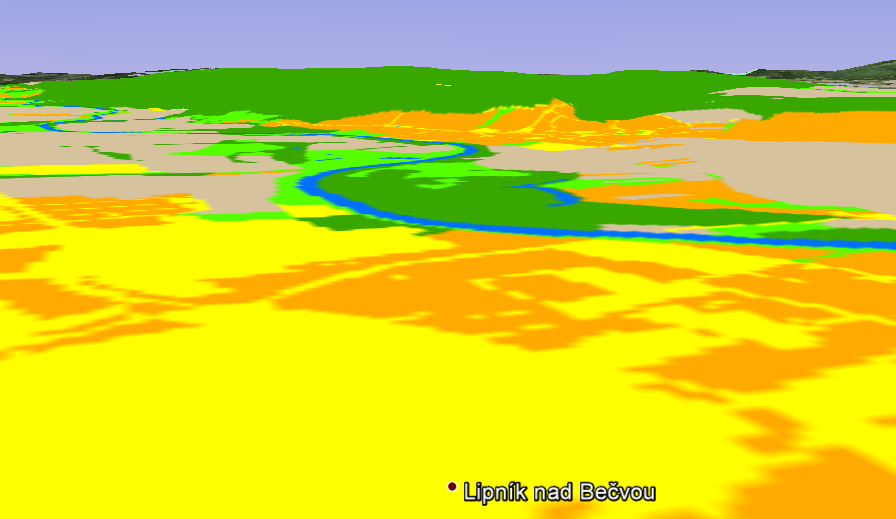Příl. 3: ArcScene. Pohled směrem na sever. V popředí Lipník nad Bečvou, řeka Bečva.