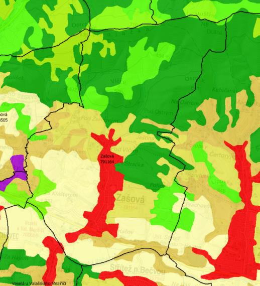 Obr. 3.12: Krajinný pokryv k.ú. Zašová (zdroj http://geoportal.gov.cz) Legenda: Pro účely bonitace zemědělských půd jsou stanoveny mapovací a oceňovací jednotky, tzv.