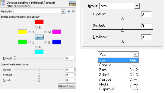 6 ÚPRAVA BAREV V DIGITÁLNÍ FOTOGRAFII Obrázek 28 - Příklad dialogových oken pro změnu odstínu a sytosti.