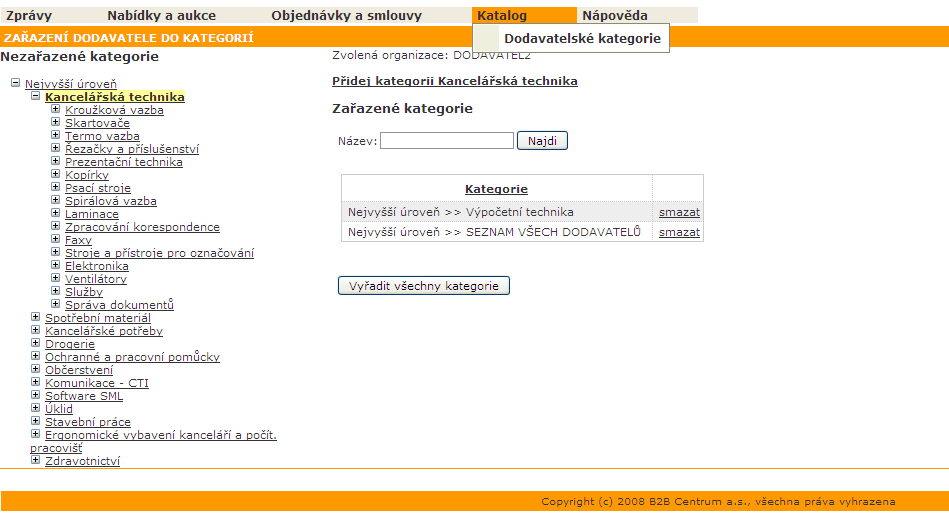 Katalog V menu Katalog Dodavatelské kategorie můžete nastavit, ve kterých oblastech nabízíte zboží nebo služby. Ve stromu vlevo zvolte příslušnou kategorii a klikněte na ní.