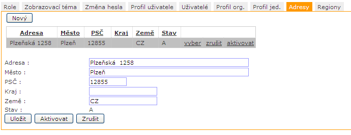 Na záložce Profil org. lze měnit některé informace o Vaší firmě. Obdobně lze měnit některé údaje o organizační jednotce, pokud je má firma založené, na záložce Profil jed.