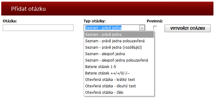 Obrázek 42: Editor otázek - přidání otázky Pro přidání nové otázky slouží již zmíněný formulář ve spodní části stránky.