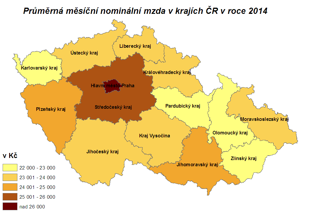 Z následující mapy (grafu) je patrné výdělkové dominantní postavení kraje hl. m. Prahy (s odstupem následovaným Středočeským krajem). Tradičně je zde dosahováno nejvyšší průměrné mzdy.