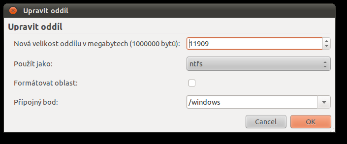 2 DISKOVÉ ODDÍLY Obrázek 10 - Původní rozdělení disku - Instalátor Ubuntu[2] Z předchozího obrázku vidíme, že na disku byly původně vytvořeny dva oddíly.
