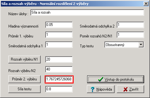 Normální rozdělení, 2 výběry Menu: QCExpert Testování Síla a rozsah výběru Normální rozdělení, 2 výběry Tento modul počítá parametry pro testování shody dvou aritmetických průměrů.