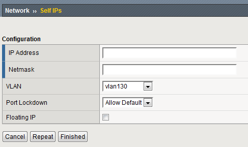 Obrázek 4.2: Založení Self IP - IP Address: Zadáme IPv6 adresu podle adresního plánu (resp. viz níže) - Netmask: Zadáme síťovou masku pro IPv6 adresu.