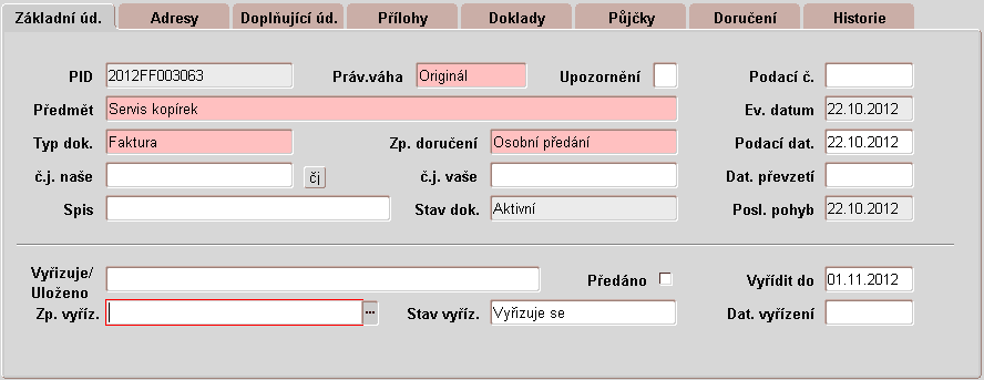 8.4 Vyřízení faktury na ekonomickém oddělení Kroky v essl: Žádost se objeví ve spisové službě ve žluté složce Vyřizuje se. V doplňujících údajích záznamu je třeba vyplnit správný spisový znak.