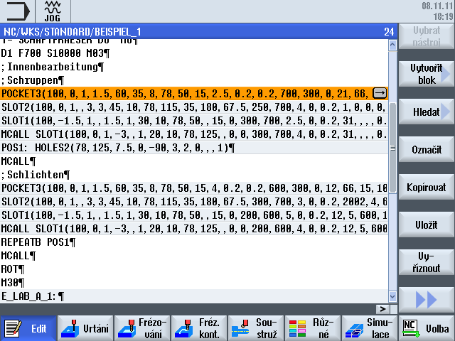 Sestavování programu v G-kódu 7.2 Obrazovky programu Obrazovka programu Obrazovka programu v editoru poskytuje přehled o jednotlivých krocích obrábění v daném programu.