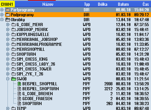 Správa programů 11.1 Přehled Obrázek 11-2 Zeleně zobrazený aktivní program 11.1.1 Paměť NC systému Vypisuje se Vám kompletní obsah paměti NC systému se všemi obrobky, jakož i s hlavními programy a podprogramy.