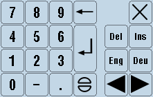 HT 8 13.5 Kalibrace dotykového displeje Speciální tlačítka virtuální klávesnice 1 2 Num: Zmenší virtuální klávesnici na blok numerických tlačítek. Eng: Přepnutí obsazení klávesnice na anglické, příp.