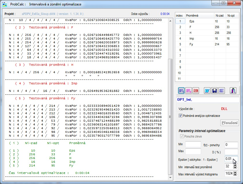 Obr.11: Pracovní plocha modulu Intervalové optimalizace v programu ProbCalc c) Zónová optimalizace, kdy se při výpočtu využívá pouze intervalů, jenž se podílejí na hledané hodnotě, např.