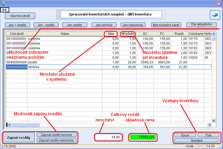 zboží, které není uvedeno v soupise, ale přesto je na skladě, je nahlíženo jako zboží chybějící a bude inventurou srovnáno na množství 0.