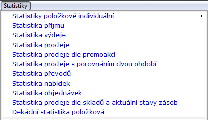 4. Typy položkových statistik Uvedené principy lze bezezbytku využít ve všech položkových statistikách systému WinShop Std. Pro úplnost jsou níže jednotlivé položkové statistiky popsány. 4.1.