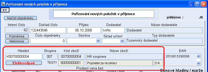Přiřadit recyklační poplatek ke zboží lze i během pořizování příjemky. Po výběru položky klikneme na tlačítko Elektroodpad. Zde vyhledáme požadovaný druh poplatku, který musí být již v ceníku založen.