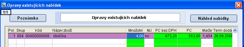 8.2. Oprava nabídky Po spuštění této volby se objeví seznam všech nabídek s informací v jakém jsou stavu, s datem a celkovou cenou nabídky.