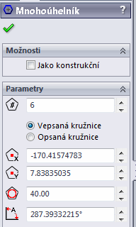 Mnohoúhelník Mnohoúhelník můžeme vytvořit pomocí příkazu v CommmandManageru, počet stran mnohoúhelníku zadáme v záložce PropertyManageru Parametry, stejně tak zadáme velikost, směr