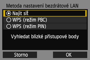 Ru ní p ipojení vyhledáním sít (1) (2) (3) (4) 4 5 Vyberte možnost [Najít sí ]. Stisknutím tla ítka <V> vyberte položku [Najít sí ] a stiskn te tla ítko <0>.