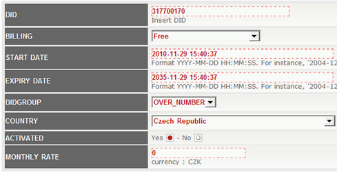 Obrázek č. 18: Náhled na záloţku CID. 4.4.1.3 Záložka DID (DestinationID) Zdroj: Aplikace A2billing, vlastní úprava. Obrázek č. 19: Náhled na poloţku DID. Zdroj: Aplikace A2billing, vlastní úprava. V menu klikneme na záloţku DID, po rozbalení na Add DID.