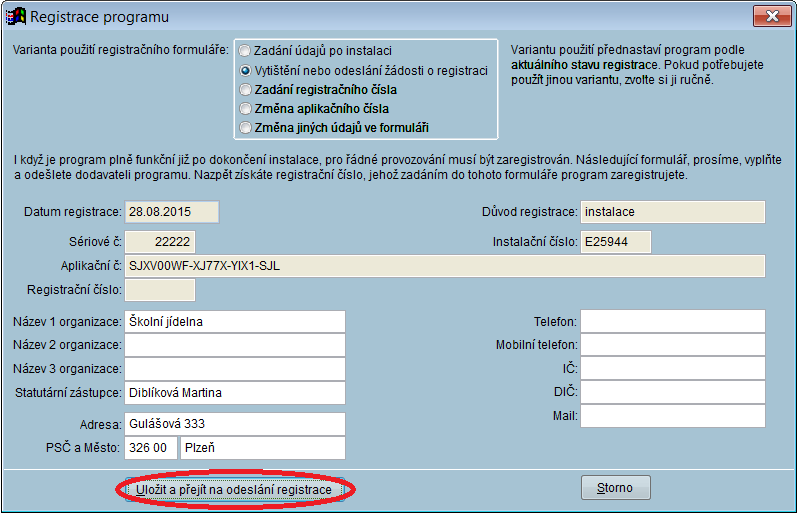 První odeslání registračního formuláře do VIS e-mailem 1. V menu programu zvolíme cestu k tzv. registračnímu formuláři: Servis Registrace programu 2.