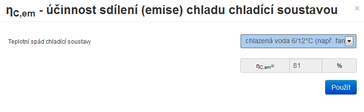 6.3.3.12.1.1 Výběr dle TNI 73 0331 Modální okno k zadání účinnosti emise (sdílení) chladu η C,em tedy pro zadání účinnosti sdílení emise chladu pro jiný než vzduchotechnický systém.