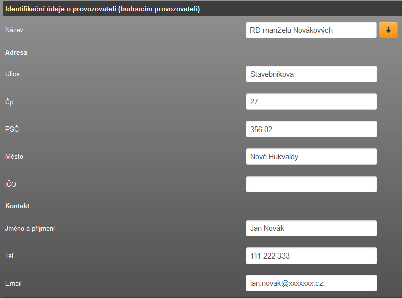 Dále vyplníme údaje o provozovateli (u stávajících budov) nebo budoucím provozovateli u projektovaných budov. Pakliže se jedná o stejnou osobu, resp.
