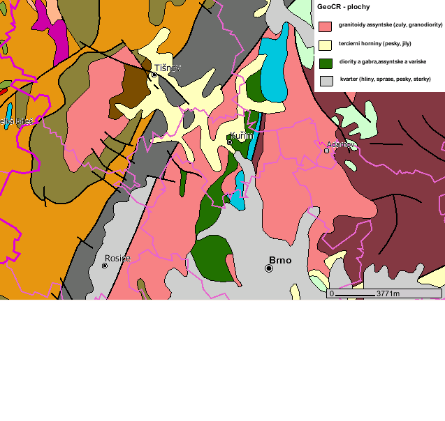 Geologické poměry Po stránce geologické se zájmová oblast řadí mezi tercierní horniny jako jsou písky a jíly, dále pak granitoidy assyntské. Obr.č.18 : Geologická mapa 1: 250