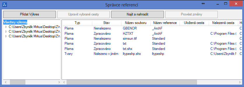 Externí zdroje jako písmo, obrázek a externí reference výkresu lze spravovat v dialogovém okně