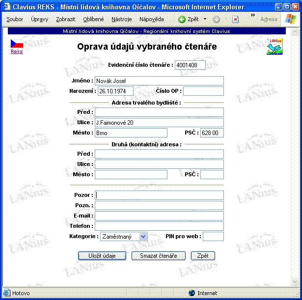 Vložení nového čtenáře: Nového čtenáře můžete vložit kliknutím levého tlačítka myši na text : Zde můžete vložit nového čtenáře. Objeví se formulář pro vkládání nových čtenářů.