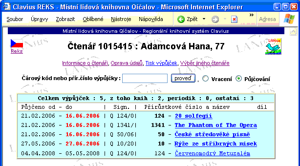 Příchod čtenáře do systému: Po příchodu čtenáře do knihovny načtěte čárkový kód jeho průkazu scannerem. Při načítání čárkových kódů vždy dbejte na to, aby kurzor blikal ve vstupním políčku.